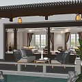 Traditional Chinese Patio Sofa and Coffee Table Set with Lanterns Green Plants and Stone Path