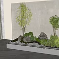 Modern Bonsai Planter With Two Trees Rocks And Small Plants In Rectangular Container 3d model