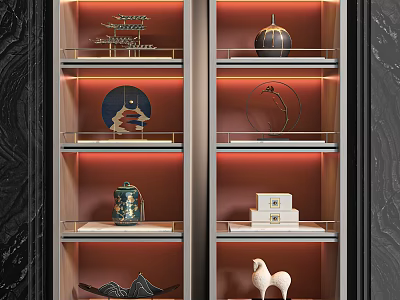 Decorative Ornament Set In Illuminated Glass Shelving With Ceramic Jar Circular Decor And Horse Figurine 3d model