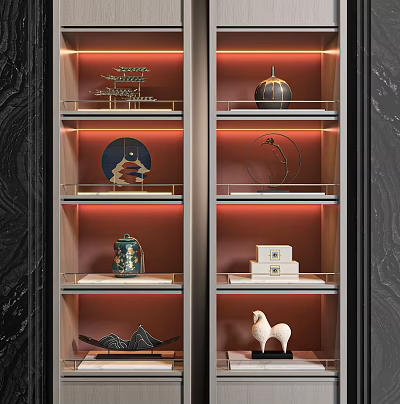 Decorative Ornament Set In Illuminated Glass Shelving With Ceramic Jar Circular Decor And Horse Figurine 3d model