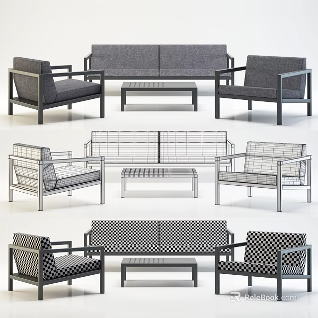Modern Sofa and Coffee Table Set with Armchairs in Grey and Checkered Patterns 3d model