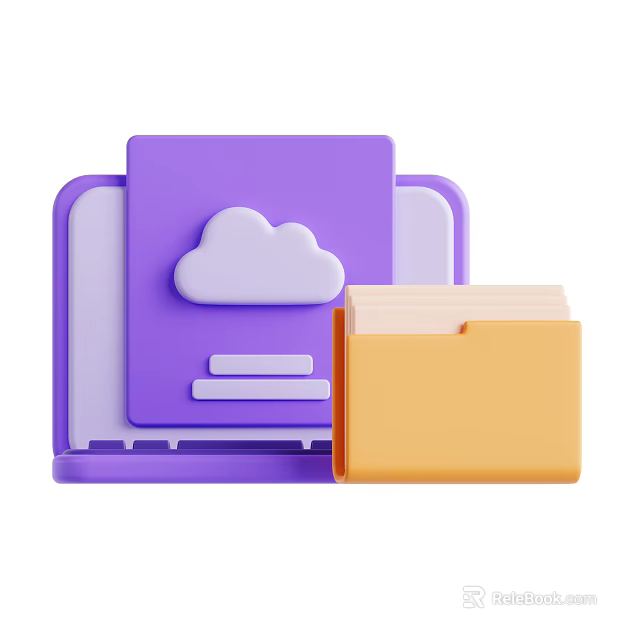 Purple Laptop with Cloud Icon and Yellow File Folder Containing Papers 3d model 