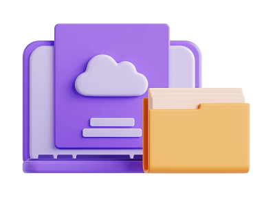Purple Laptop with Cloud Icon and Yellow File Folder Containing Papers 3d model