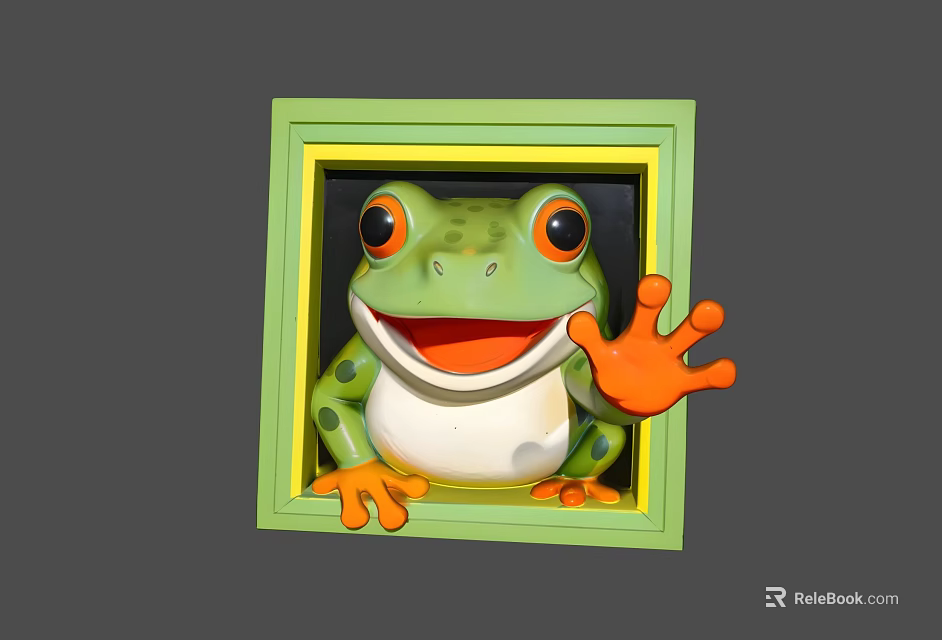 Cute Frog Landscape Sculpture With Green Frame Orange Hands Feet Smiling Face Waving Hand Design 3d model 