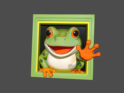 Cute Frog Landscape Sculpture With Green Frame Orange Hands Feet Smiling Face Waving Hand Design 3d model