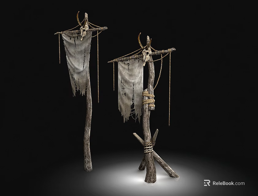 Decorative Wooden Totems With Skull Cloth Ropes And Black Background 3d model 