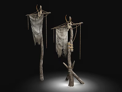 Decorative Wooden Totems With Skull Cloth Ropes And Black Background 3d model