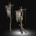 Decorative Wooden Totems With Skull Cloth Ropes And Black Background