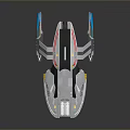 Futuristic Cosmic Exploration Spaceship With Silver Hull Red Accents And Blue Thruster Lights