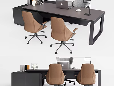 Minimalist Modern Office Desk With Two Brown Chairs Laptop Lamp And Files 3d model