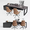 Minimalist Modern Office Desk With Two Brown Chairs Laptop Lamp And Files