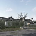 Ancient Traditional Tile Roofed Houses Courtyard With Surrounding Farmland River And Trees