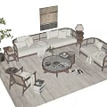 Natural Beige Sofa and Coffee Table Set with Rattan Elements Pillows and Potted Plant