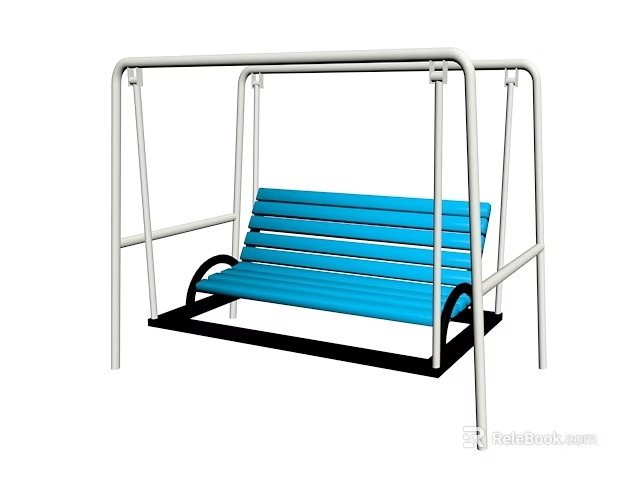 Outdoor Swing Chair With White Metal Frame And Blue Wooden Seat 3d model 