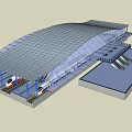 Modern Train Station Platform With Escalator High Speed Train Blue Pillars And Transparent Roof