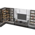 Elegant Modern TV Wall Design With Marble Panel Dark Cabinets Glass Display Shelves And Decorations