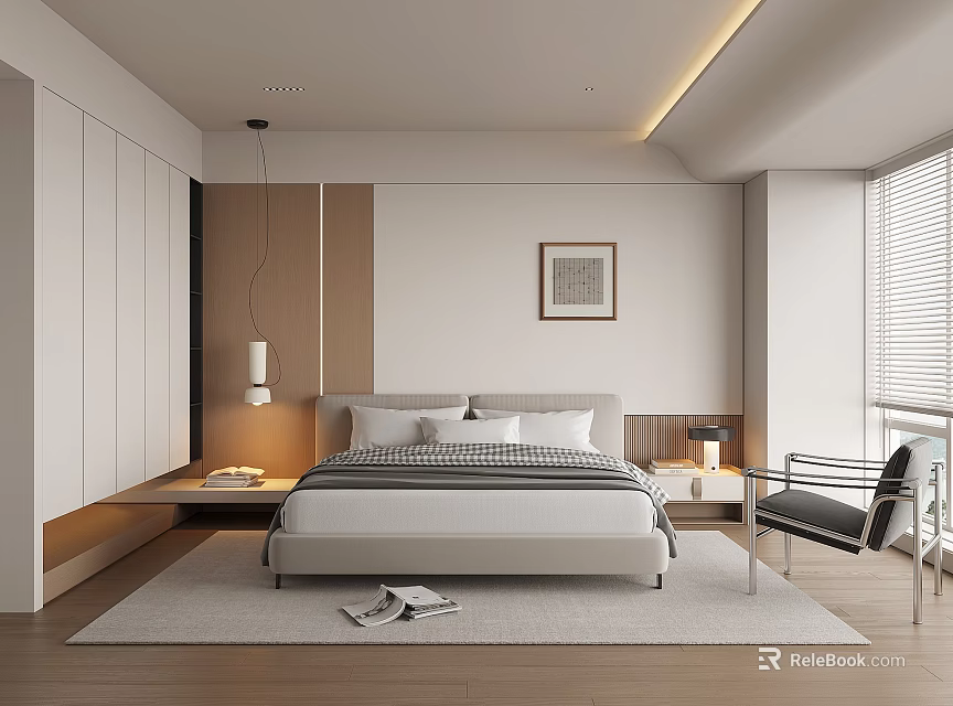 Modern Bedroom Interior Design With Bed Wardrobe Nightstand And Area Rug 3d model 