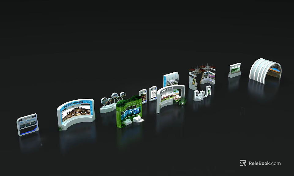 Modern Exhibition Backdrop Designs With Curved Panels And Multiple Display Structures 3d model