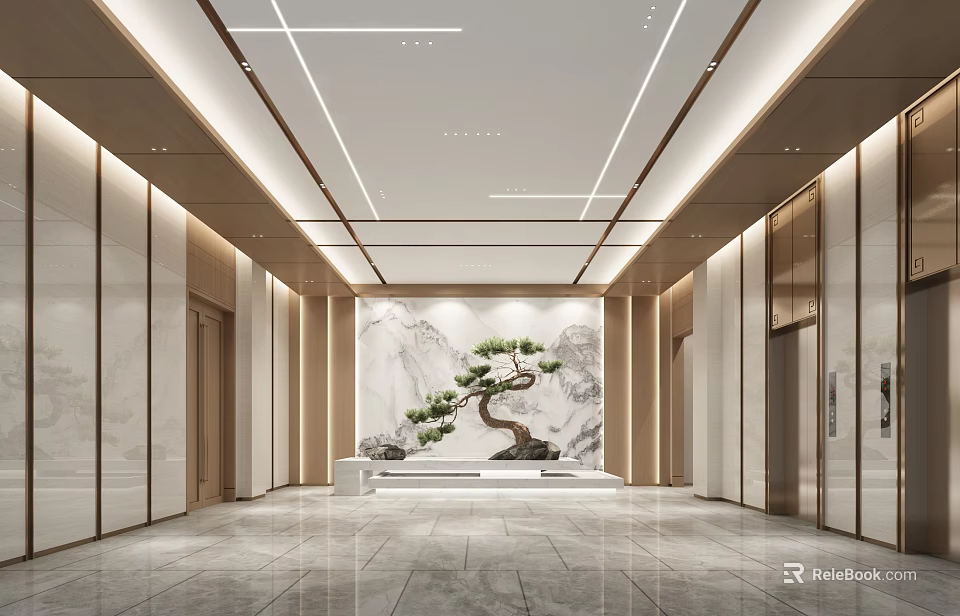 Hotel Elevator Lobby With Marble Walls Wooden Accents And Pine Tree Landscape 3d model 