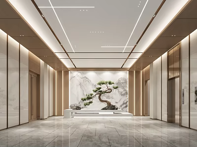 Hotel Elevator Lobby With Marble Walls Wooden Accents And Pine Tree Landscape 3d model