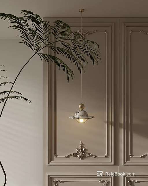 Modern Spherical Chandelier with Gold Accents Hanging in Beige Wall Room with Palm Leaves 3d model 