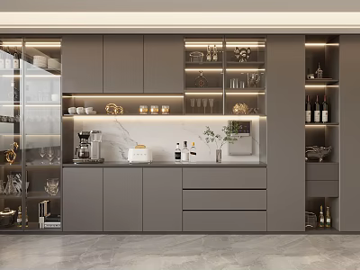 Modern Grey Wine Cabinet With Glass Doors LED Lighting And Decorative Shelves 3d model