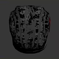 Futuristic Weapon Helmet Featuring Black Textured Surface And Red Decorative Accents