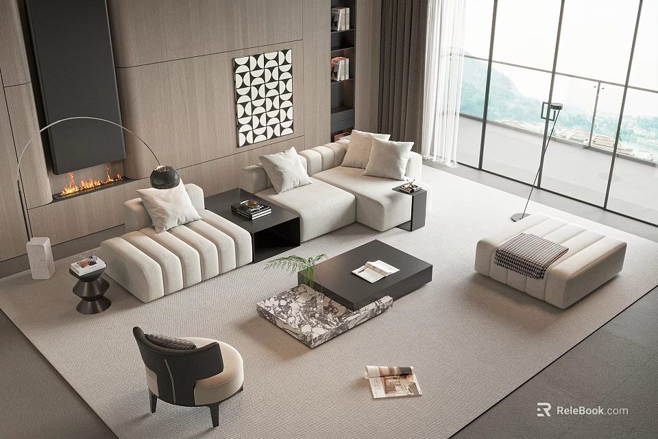 Contemporary L Shaped Sofa and Coffee Table Set with Marble Pattern Top and Footstool 3d model