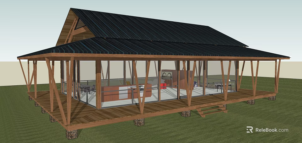Rustic Wooden Guesthouse With Black Roof Open Porch And Glass Walls 3d model 