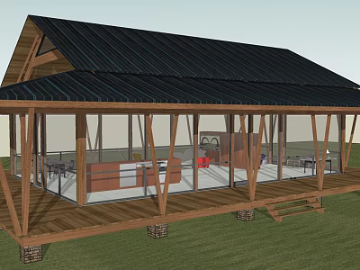 Rustic Wooden Guesthouse With Black Roof Open Porch And Glass Walls 3d model