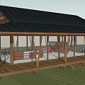 Rustic Wooden Guesthouse With Black Roof Open Porch And Glass Walls