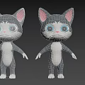 3D Cartoon Cat Character With Gray White Fur Pink Ears And Blue Eyes