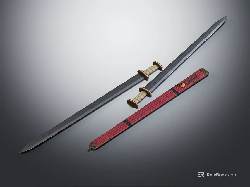 Traditional Japanese Katana Weapon With Sharp Long Blade Red Scabbard And Wooden Handle 3d model 