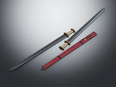 Traditional Japanese Katana Weapon With Sharp Long Blade Red Scabbard And Wooden Handle 3d model