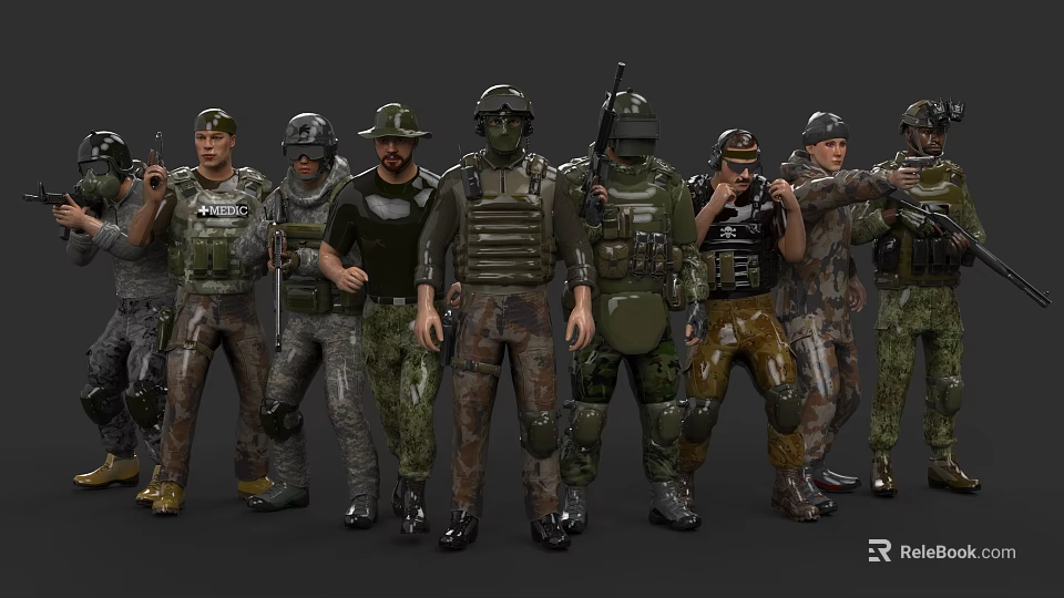 Multiple Men Wearing Different Military Uniforms And Tactical Combat Gear 3d model 