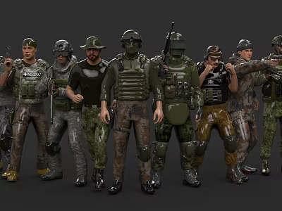 Multiple Men Wearing Different Military Uniforms And Tactical Combat Gear 3d model