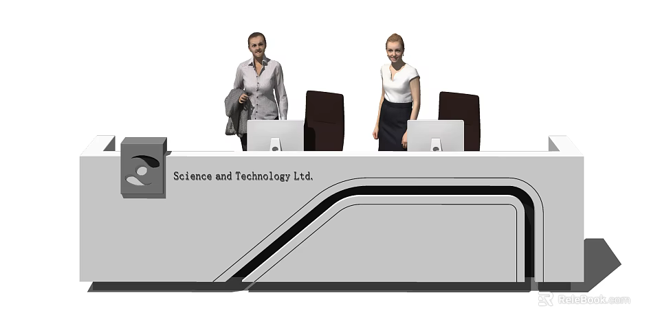 Modern Reception Desk For Science And Technology Office With Computers And Staff 3d model 