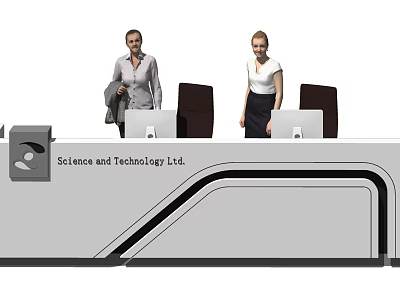 Modern Reception Desk For Science And Technology Office With Computers And Staff 3d model
