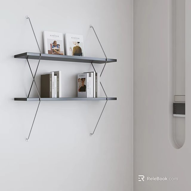 Modern Two Tiered Gray Wall Mounted Shelves Holding Books And Magazines On White Wall 3d model 
