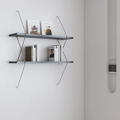 Modern Two Tiered Gray Wall Mounted Shelves Holding Books And Magazines On White Wall 3d model