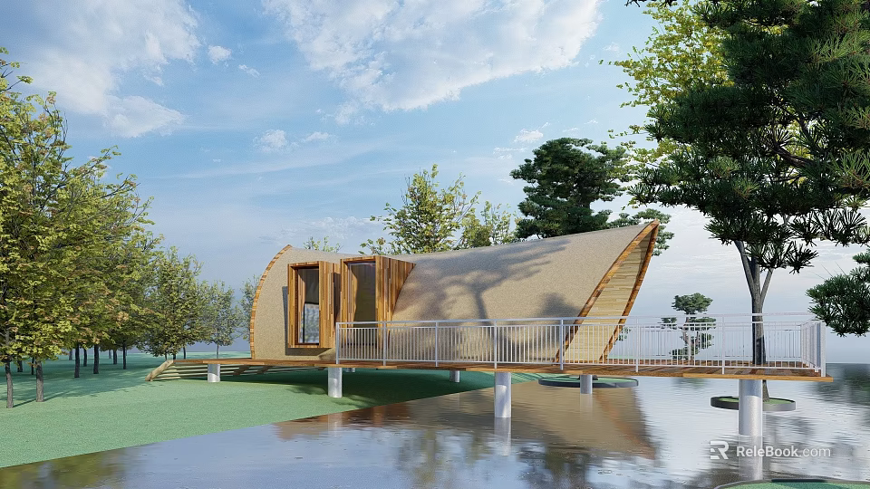 Modern Curved Wooden Building by Waterfront With Trees Arc Roof Design And Green Surroundings 3d model 