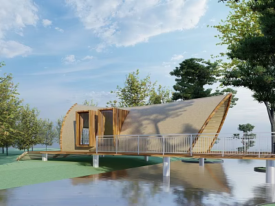 Modern Curved Wooden Building by Waterfront With Trees Arc Roof Design And Green Surroundings 3d model
