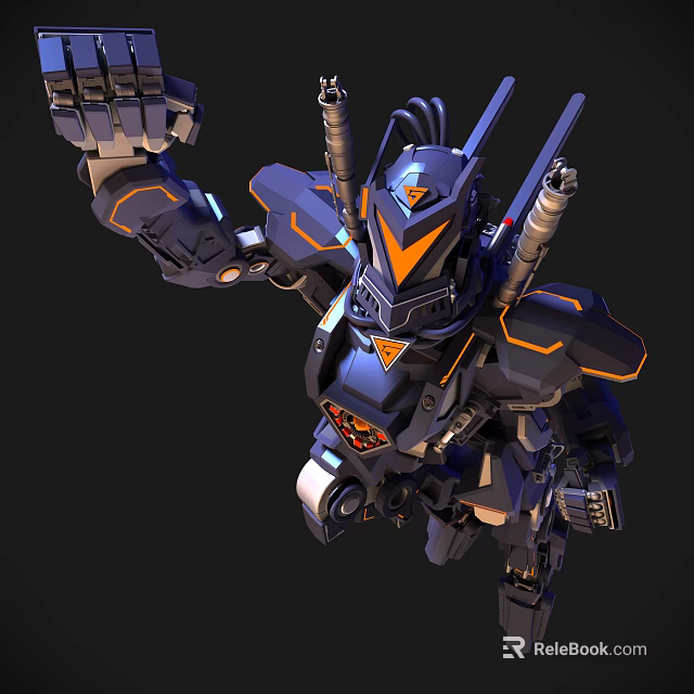 Smart Robot In Dynamic Combat Stance With Futuristic Blue Orange Armor And Mechanical Cannons 3d model 