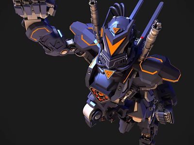 Smart Robot In Dynamic Combat Stance With Futuristic Blue Orange Armor And Mechanical Cannons 3d model