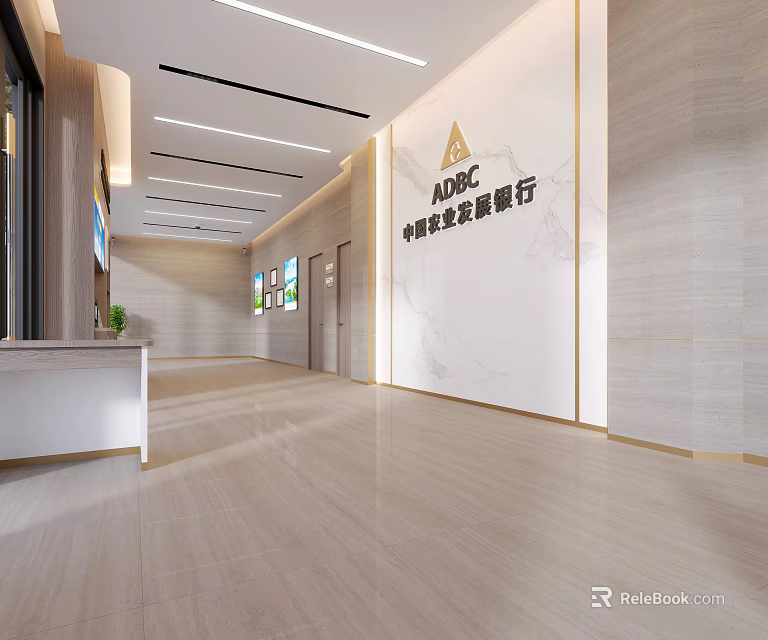 Modern Bright Bank Lobby Interior With Elegant Brand Wall And Smooth Marble Floor Design 3d model 