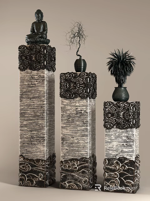 Decorative Woven Texture Pillars With Intricate Top Patterns And Vase Plant Decor 3d model 