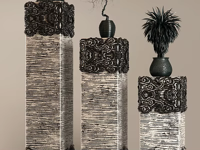 Decorative Woven Texture Pillars With Intricate Top Patterns And Vase Plant Decor 3d model