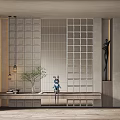 Modern Room Divider With Grid Design Pendant Lights And Green Plant In Minimalist Interior