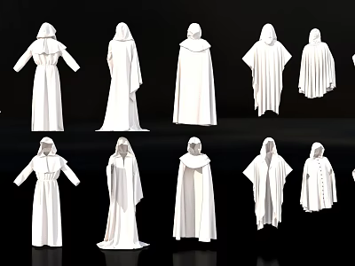 White Hooded Robes In Different Styles With Various Designs And Silhouettes 3d model