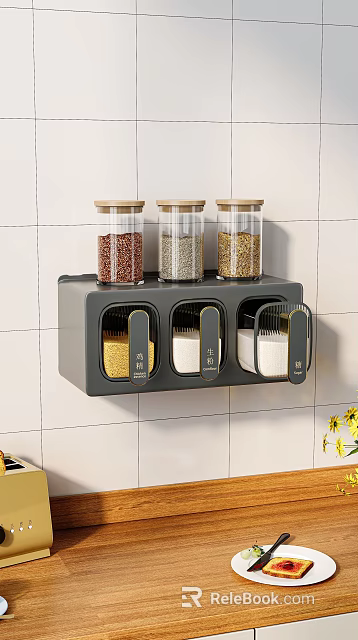 Wall Mounted Kitchen Spice Jars Storage Rack With Transparent Bottles And Wooden Lids 3d model 
